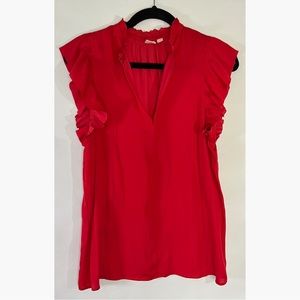 Red Ruffle Cap Sleeve Silky Split Neck Blouse